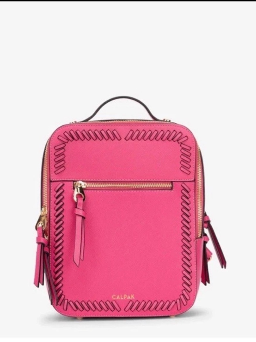 CALPAK Kaya Laptop Backpack Hot Pink Faux Leather Whipstitch Travel Tech Barbie